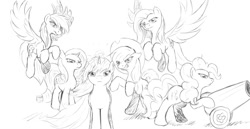 Size: 1200x618 | Tagged: safe, artist:jinyaranda, derpibooru import, applejack, fluttershy, pinkie pie, rainbow dash, rarity, twilight sparkle, earth pony, pegasus, pony, unicorn, monochrome, party cannon