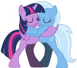 Size: 5404x4775 | Tagged: safe, artist:ramseybrony17, derpibooru import, trixie, twilight sparkle, twilight sparkle (alicorn), alicorn, pony, absurd resolution, bipedal, eyes closed, female, friendshipping, hug, implied lesbian, implied shipping, implied twixie, lesbian, shipping, simple background, smiling, transparent background, twixie, vector