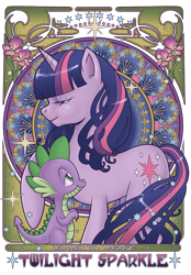 Size: 530x762 | Tagged: safe, artist:hezaa, derpibooru import, spike, twilight sparkle, dragon, duo, flower, french, lidded eyes, modern art, nouveau