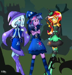 Size: 1732x1800 | Tagged: safe, artist:kikirdcz, derpibooru import, sunset shimmer, trixie, twilight sparkle, equestria girls, choker, clothes, costume, counterparts, hat, magical trio, trixie's cape, trixie's hat, twilight's counterparts