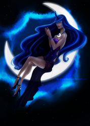 Size: 2500x3504 | Tagged: safe, artist:dayonxvii, artist:dayonxviii, princess luna, human, clothes, crescent moon, dark skin, dress, high heels, horned humanization, humanized, moon, pixiv, solo