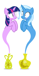 Size: 318x617 | Tagged: safe, artist:navitaserussirus, derpibooru import, trixie, twilight sparkle, asktwixiegenies, blush sticker, blushing, female, genie, lesbian, shipping, simple background, twixie, white background