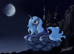 Size: 3510x2550 | Tagged: safe, artist:ligvin, princess luna, alicorn, pony, castle, cloud, moon, night, prone, s1 luna, solo