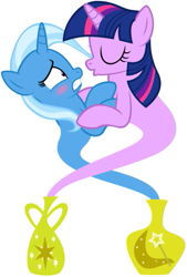 Size: 385x571 | Tagged: safe, artist:navitaserussirus, derpibooru import, trixie, twilight sparkle, cropped, female, genie, imminent kissing, kissing, lesbian, shipping, twixie