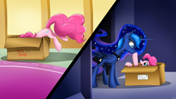 Size: 2400x1350 | Tagged: safe, artist:flamevulture17, pinkie pie, princess luna, alicorn, earth pony, pony, :o, boop, boop box, box, cute, female, mare, now you're thinking with portals, open mouth, pinkie being pinkie, pinkie physics, portal, smiling, surprised, wallpaper, wide eyes