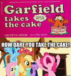 Size: 286x310 | Tagged: safe, derpibooru import, applejack, fluttershy, pinkie pie, rainbow dash, twilight sparkle, earth pony, pegasus, pony, cake, crossover, garfield, nose in the air, thought bubble, yelling