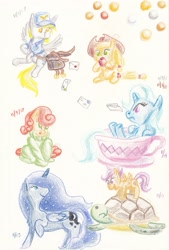 Size: 1713x2537 | Tagged: safe, artist:lost marbles, derpibooru exclusive, derpibooru import, applejack, carrot top, derpy hooves, golden harvest, princess luna, scootaloo, trixie, alicorn, earth pony, pony, turtle, apple, clothes, colored pencil drawing, cup, envelope, food, mail, mailbag, mailmare, sea turtle, sweater, teacup, traditional art, uniform