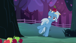 Size: 1920x1080 | Tagged: safe, derpibooru import, screencap, trixie, uncommon bond, apple, apple tree, circling stars, dizziness, dizzy, fence, food, horn impalement, solo, stars, tree