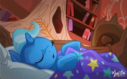 Size: 2560x1600 | Tagged: safe, artist:mysticalpha, derpibooru import, trixie, pony, unicorn, :o, bed, cute, diatrixes, eyes closed, female, filly, golden oaks library, mare, on back, sleeping, solo, wallpaper, younger