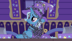 Size: 1920x1080 | Tagged: safe, derpibooru import, screencap, trixie, uncommon bond, adorable distress, bound, chains, cute, lock, padlock, tied up