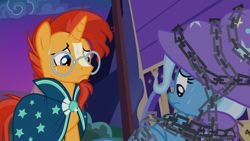 Size: 1920x1080 | Tagged: safe, derpibooru import, screencap, sunburst, trixie, uncommon bond, chains, duo, out of context, sweat