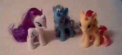 Size: 640x289 | Tagged: safe, derpibooru import, rarity, sunset shimmer, trixie, pony, unicorn, brushable, irl, photo, toy