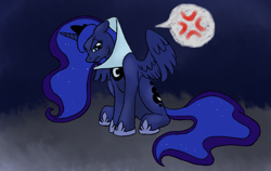 Size: 1276x804 | Tagged: safe, artist:catlover1672, princess luna, alicorn, pony, angry, cross-popping veins, elizabethan collar, floppy ears, frown, glare, looking at you, sitting, solo, spread wings