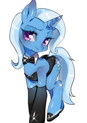 Size: 726x1023 | Tagged: safe, artist:nitronic, derpibooru import, trixie, pony, unicorn, bowtie, clothes, cute, diatrixes, female, leotard, looking at you, mare, questionable source, shoes, simple background, smiling, socks, solo, stockings, thigh highs, white background