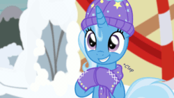 Size: 1600x900 | Tagged: safe, artist:evil-dec0y, derpibooru import, trixie, pony, unicorn, comic:trixie vs., animated, boots, clapping, clapping ponies, clothes, cute, diatrixes, female, gif, hat, hearth's warming eve, hooves together, mare, mittens, scarf, shoes, show accurate, smiling, snow, solo, winter, winter outfit