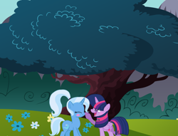 Size: 3637x2777 | Tagged: safe, artist:emmausbam, derpibooru import, trixie, twilight sparkle, twilight sparkle (alicorn), alicorn, female, lesbian, shipping, tree, twixie