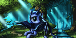 Size: 1600x800 | Tagged: safe, artist:auroriia, princess luna, alicorn, pony, crepuscular rays, forest, prone, solo, spread wings, water