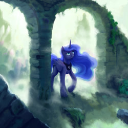 Size: 1664x1664 | Tagged: safe, artist:dahtamnay, princess luna, alicorn, pony, blurry, ethereal mane, female, folded wings, horn, light, looking up, mist, rock, ruins, solo, walking, wings