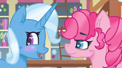 Size: 1176x652 | Tagged: safe, artist:sunnyraysyt, derpibooru import, pinkie pie, trixie, earth pony, pony, base used, blushing, female, heart eyes, lesbian, shipping, trixiepie, wingding eyes