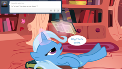 Size: 1280x720 | Tagged: safe, artist:hakunohamikage, derpibooru import, trixie, pony, unicorn, ask, ask-princesssparkle, book, female, golden oaks library, magic, mare, solo, tumblr