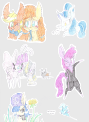 Size: 4438x6079 | Tagged: safe, artist:dragonpone, derpibooru exclusive, derpibooru import, applejack, limestone pie, marble pie, maud pie, pear butter, trixie, oc, oc:cerulean swirls, oc:ghostwhite, alicorn, breezie, earth pony, food pony, monster pony, original species, pony, tatzlpony, unicorn, absurd resolution, alicornified, bipedal, blushing, breeziefied, cape, cheek fluff, chest fluff, choker, clothes, colored pencil drawing, dandelion, ear fluff, flying, food, freckles, grass, grumpy, juicy fruit, jumpsuit, looking at each other, mauzie, mushroom, mushroom pony, one eye closed, pie, pie pony, race swap, sketch, sketch dump, smiling, species swap, spiked choker, tattoo, tatzljack, tentacle tongue, tentacles, tongue out, traditional art, trixie's cape, yo-yo