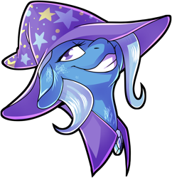 Size: 3239x3347 | Tagged: safe, artist:draikinator, derpibooru import, trixie, pony, unicorn, bust, clothes, female, grin, hat, looking at you, mare, simple background, smiling, solo, transparent background, trixie's hat