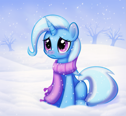 Size: 901x830 | Tagged: safe, artist:ctb-36, derpibooru import, trixie, pony, unicorn, clothes, female, mare, red nosed, scarf, snow, snowfall, solo, winter