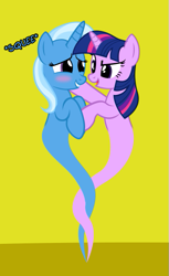 Size: 371x608 | Tagged: safe, artist:navitaserussirus, derpibooru import, trixie, twilight sparkle, asktwixiegenies, blush sticker, blushing, cropped, female, genie, lesbian, shipping, simple background, squee, twixie, yellow background