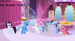 Size: 1024x559 | Tagged: safe, artist:sliverdusk95, derpibooru import, rarity, trixie, oc, alicorn, pony, unicorn, alicorn oc, clothes, dress, family, female, lesbian, magical lesbian spawn, male, mare, offspring, parents:rarixie, rarixie, shipping, smiling, stallion