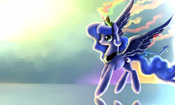 Size: 3937x2362 | Tagged: safe, artist:gianghanz, princess luna, alicorn, pony, flying, magic, sky, smiling, solo, spread wings