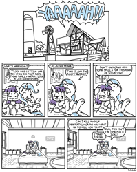 Size: 750x940 | Tagged: safe, artist:foudubulbe, derpibooru import, maud pie, trixie, earth pony, pony, unicorn, comic:damp rocks, bed, comic, dialogue, female, lesbian, mare, mauxie, monochrome, rock farm, shipping, sketch, speech bubble