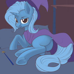 Size: 3500x3500 | Tagged: safe, artist:anti1mozg, derpibooru import, trixie, bed, cape, clothes, female, hat, looking at you, plot, sad, solo, trixie's cape, trixie's hat, wand