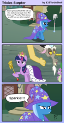 Size: 1552x2995 | Tagged: safe, artist:123turtleshell, derpibooru import, discord, spike, trixie, twilight sparkle, twilight sparkle (alicorn), alicorn, dragon, pony, big crown thingy, cape, clothes, comic, element of magic, female, magic, mare, twilight scepter