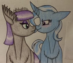 Size: 1419x1226 | Tagged: safe, artist:raritylover152, derpibooru import, maud pie, trixie, earth pony, pony, unicorn, blushing, boop, chest fluff, ear fluff, female, floppy ears, lesbian, looking at each other, mare, mauxie, noseboop, shipping, signature, traditional art