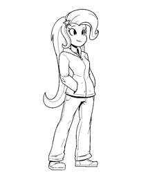 Size: 731x843 | Tagged: dead source, safe, artist:reiduran, derpibooru import, trixie, equestria girls, clothes, female, hands in pockets, hoodie, lineart, monochrome, no nose, pants, simple background, smiling, solo, white background