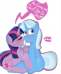 Size: 1280x1560 | Tagged: safe, artist:missisindahouse, derpibooru import, trixie, twilight sparkle, twilight sparkle (alicorn), alicorn, pony, blushing, dialogue, female, flirting, lesbian, mare, shipping, sweat, tsundere, twixie