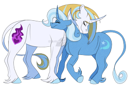 Size: 1250x875 | Tagged: safe, artist:bijutsuyoukai, derpibooru import, trixie, oc, oc:fever dream, classical unicorn, pony, unicorn, curved horn, female, leonine tail, male, mare, mother and child, mother and son, offspring, parent and child, parent:prince blueblood, parent:trixie, parents:bluetrix, simple background, stallion, transparent background, unshorn fetlocks