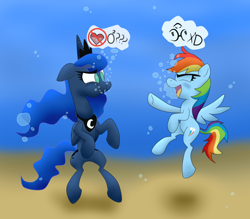 Size: 1024x896 | Tagged: safe, artist:uwdr-64, princess luna, rainbow dash, alicorn, pegasus, pony, bubble, funny, laughing, underwater