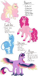 Size: 3000x6000 | Tagged: safe, artist:softbuttdoodles, derpibooru import, fluttershy, pinkie pie, trixie, twilight sparkle, twilight sparkle (alicorn), alicorn, classical unicorn, earth pony, pegasus, pony, unicorn, cloven hooves, colored wings, colored wingtips, leonine tail, raspberry, tongue out, unshorn fetlocks