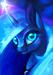 Size: 940x1330 | Tagged: safe, artist:nekiw, princess luna, alicorn, pony, bust, glowing horn, looking at you, magic, portrait, smiling, solo