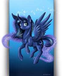 Size: 1204x1471 | Tagged: safe, artist:heather-west, princess luna, alicorn, pony, curved horn, flying, smiling, solo