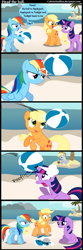 Size: 512x1536 | Tagged: safe, artist:coltsteelstallion, derpibooru import, applejack, derpy hooves, rainbow dash, twilight sparkle, earth pony, pegasus, pony, ball, beach, comic, female, mare