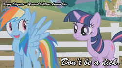 Size: 639x359 | Tagged: safe, derpibooru import, rainbow dash, twilight sparkle, pegasus, pony, bronyetiquette, image macro, meta, revised, text