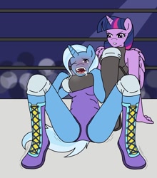 Size: 850x965 | Tagged: safe, artist:linedraweer, derpibooru import, trixie, twilight sparkle, twilight sparkle (alicorn), alicorn, anthro, plantigrade anthro, fighting is magic, audience, clothes, commission, crowd, fight, headlock, leg lock, leotard, sports, wrestling, wrestling ring