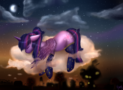 Size: 2000x1457 | Tagged: safe, artist:kinjareta, princess luna, twilight sparkle, twilight sparkle (alicorn), alicorn, pony, clothes, cloud, cloudy, female, golden oaks library, mare, night, sleeping, socks, solo focus