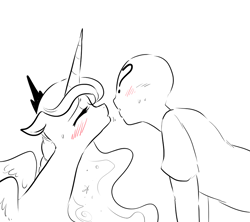 Size: 900x800 | Tagged: safe, artist:glacierclear, princess luna, oc, oc:anon, alicorn, human, pony, blushing, clothes, eyes closed, female, human male, imminent kissing, kissing, leaning, leaning forward, male, mare, monochrome, simple background, sketch, sweat, white background