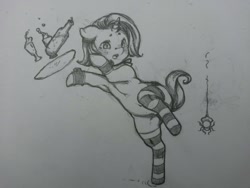 Size: 1280x960 | Tagged: safe, artist:wimcrustum, derpibooru import, trixie, pony, spider, unicorn, armpits, clothes, cufflinks, cuffs (clothes), female, mare, monochrome, socks, solo, striped socks, surprised, traditional art