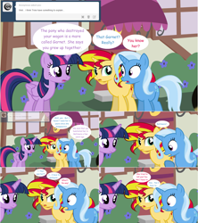 Size: 1284x1444 | Tagged: safe, artist:hakunohamikage, derpibooru import, sunset shimmer, trixie, twilight sparkle, twilight sparkle (alicorn), alicorn, pony, unicorn, ask, ask-princesssparkle, comic, female, mare, tumblr