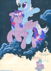 Size: 1800x2514 | Tagged: safe, artist:foxxy-arts, derpibooru import, trixie, twilight sparkle, twilight sparkle (alicorn), alicorn, pony, cute, female, flying, lesbian, mare, ponies riding ponies, shipping, twixie