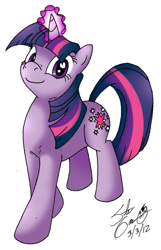 Size: 354x549 | Tagged: safe, artist:theflamingalberto, derpibooru import, twilight sparkle, unicorn twilight, pony, unicorn, female, glowing horn, horn, looking at you, mare, signature, smiling, solo